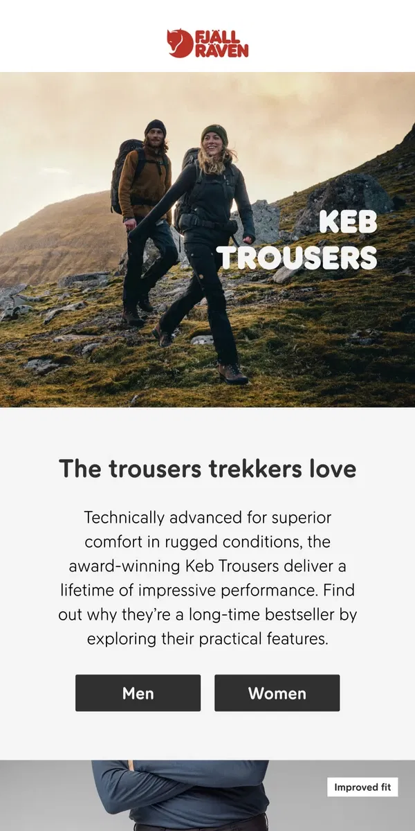 Email from Fjällräven. All about Keb Trousers