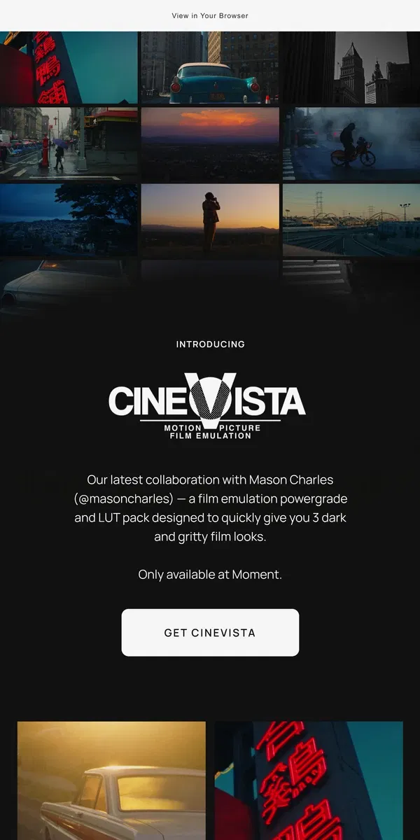 Email from Moment. Introducing CINEVISTA Film Emulations