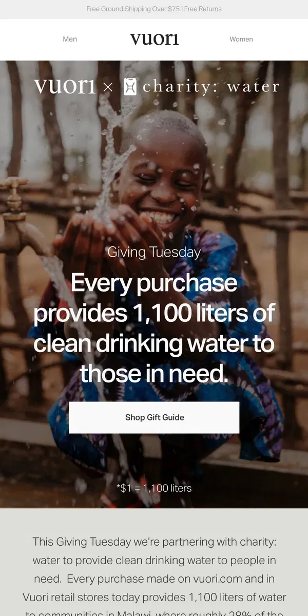 Email from Vuori. Giving Tuesday: Every purchase provides 1,100 liters of clean drinking water