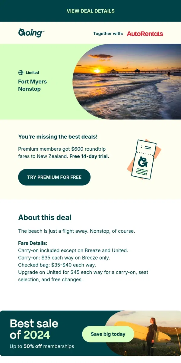 Email from Going. 🐚 *nonstop* Fort Myers —  $97 to $157 (Dec-Sep)