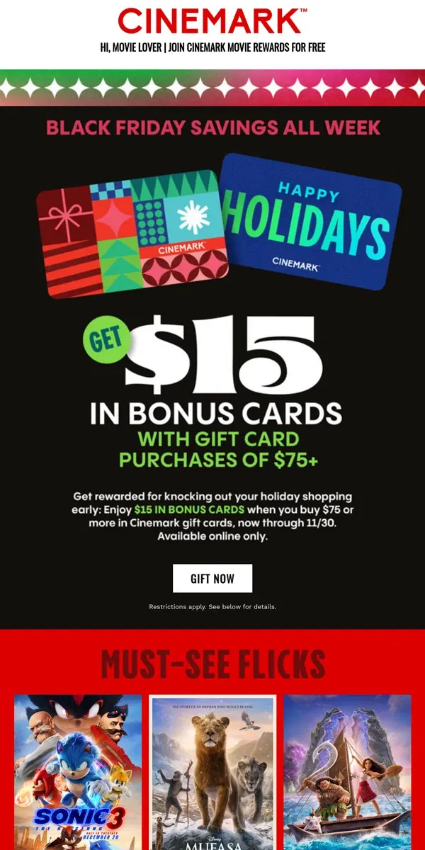 Email from Cinemark. Save now, sleep in around the holidays.