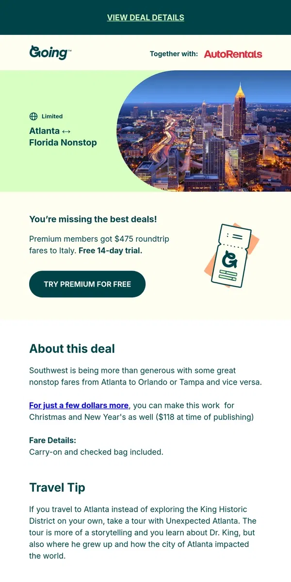 Email from Going.  ‍✈️ *nonstop* Atlanta ↔️ Florida —  $98 (Dec-Feb)