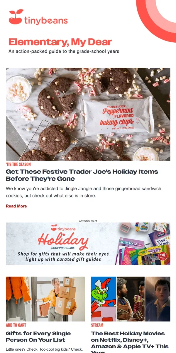 Email from Tinybeans. Trader Joe’s Holiday Products to Grab Before They’re Gone