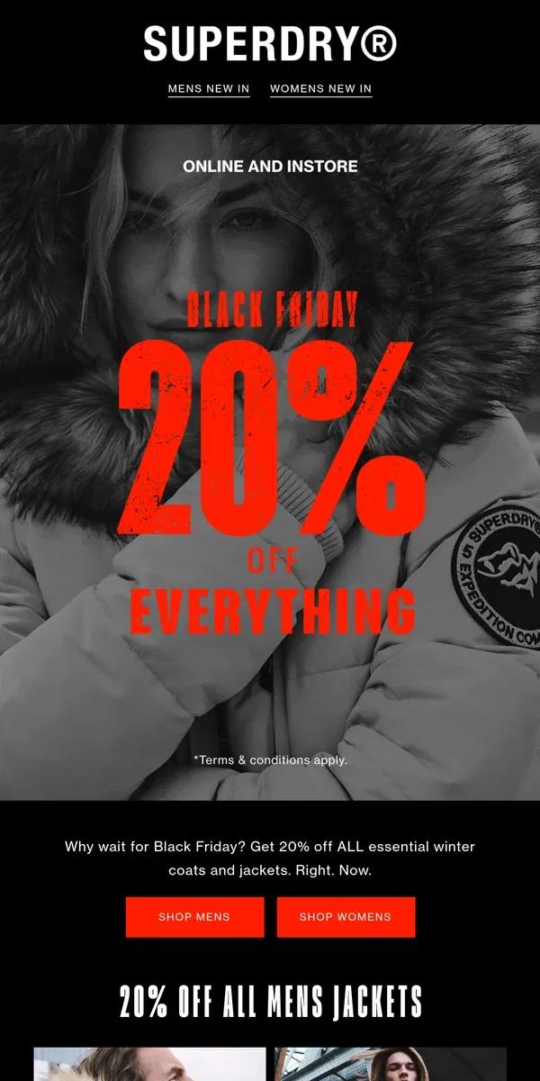 Email from Superdry. Your Pre-Black Friday Exclusive: 📣 20% off ALL Jackets and Coats