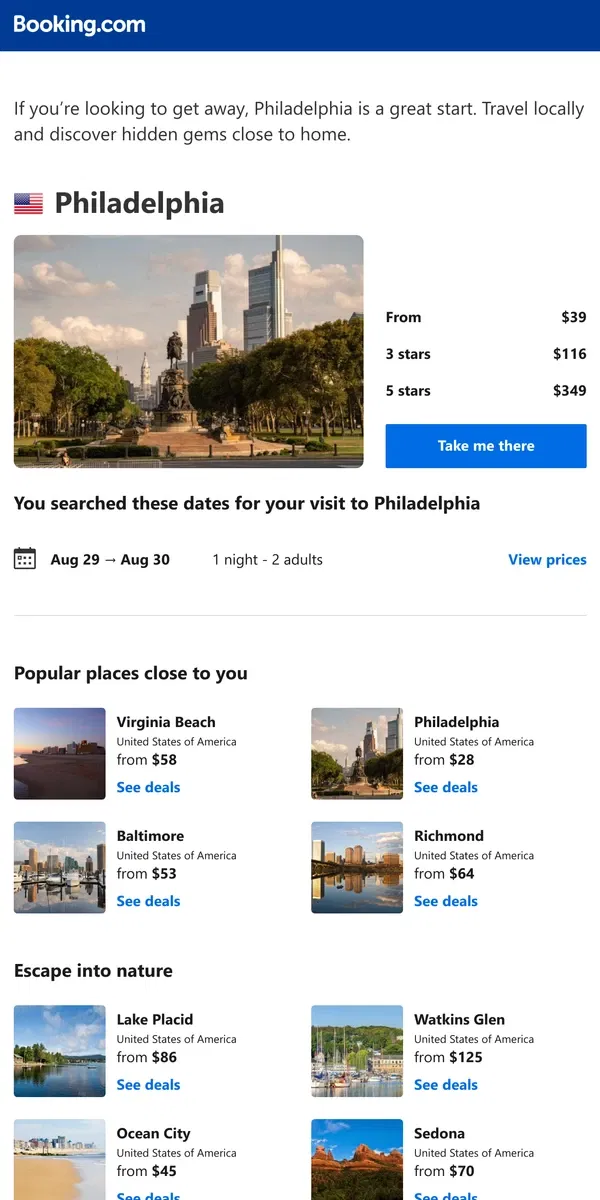 Email from Booking.com. A stay in Philadelphia from $39 – now that's a good price!