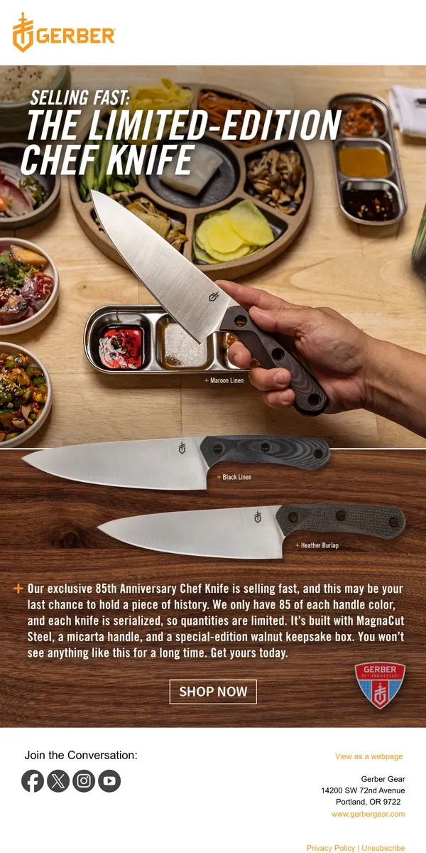 Email from Gerber Gear. Our 85th Anniversary Knife is SELLING FAST