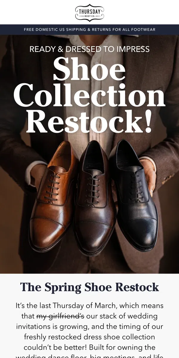 Email from Thursday Boot Company. The Shoe Restock!