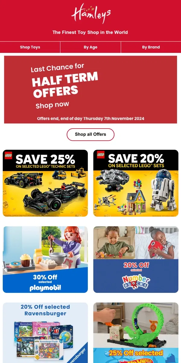 Email from Hamleys. Last Chance for Half Term Offers!