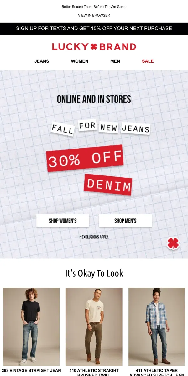 Email from Lucky Brand. Your Favorite Jeans Are On Sale 👖 30% Off