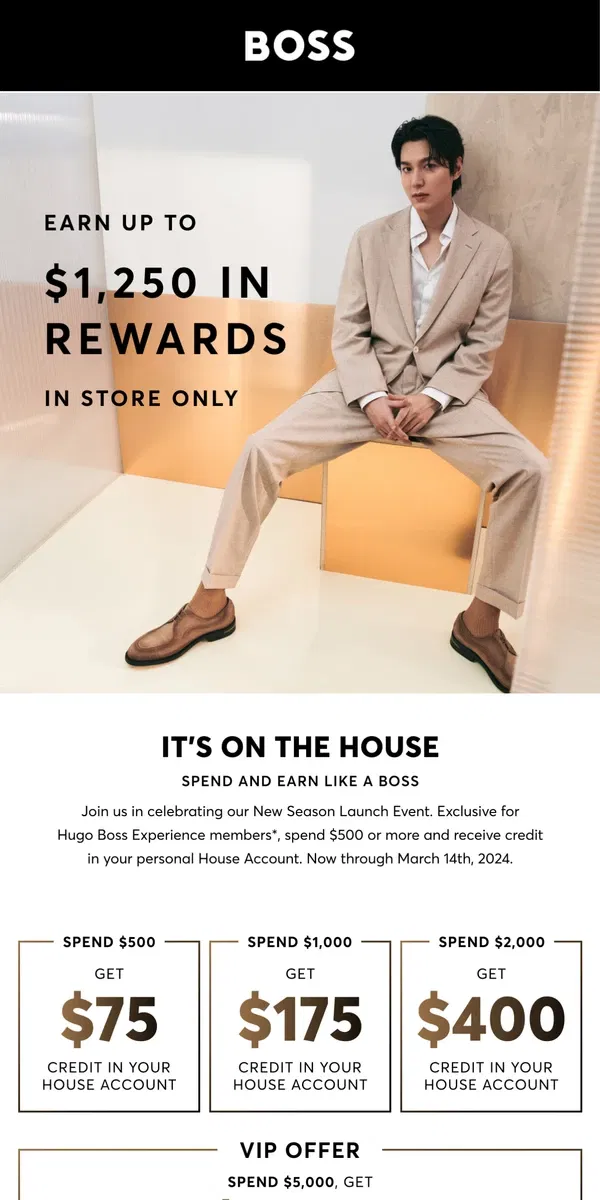 Email from HUGO BOSS. Earn up to $1,250 in Rewards