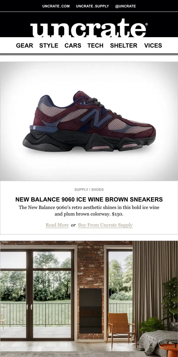 Email from Uncrate. New Balance 9060 Ice Wine Brown Sneakers & more