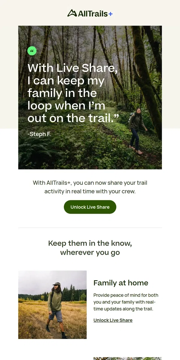 Email from AllTrails. Keep your crew in the loop with Live Share