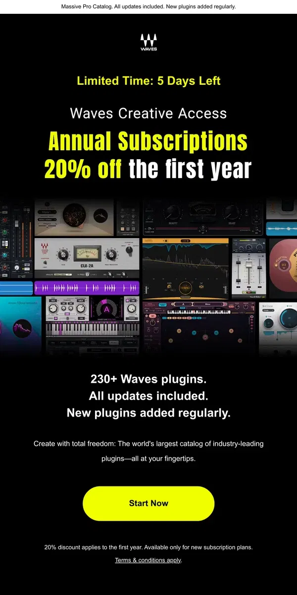 Email from Waves Audio. 5 Days Left 🙌 First-Time Ever Deal on Annual Subscriptions