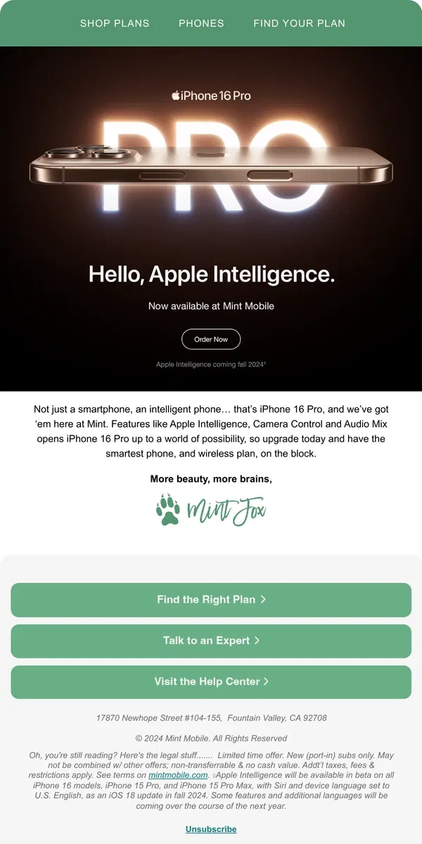 Email from Mint Mobile. iPhone 16 Pro is now available