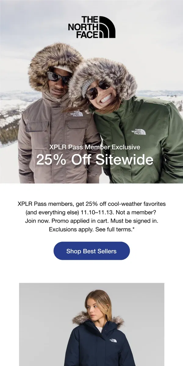 Email from The North Face. 25% off sitewide for XPLR Pass members