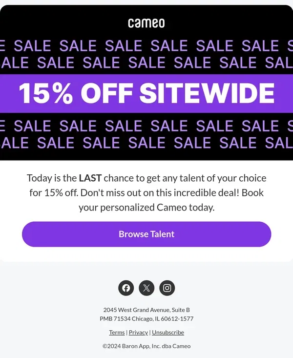 Email from Cameo. Last Chance for 15% Off!!