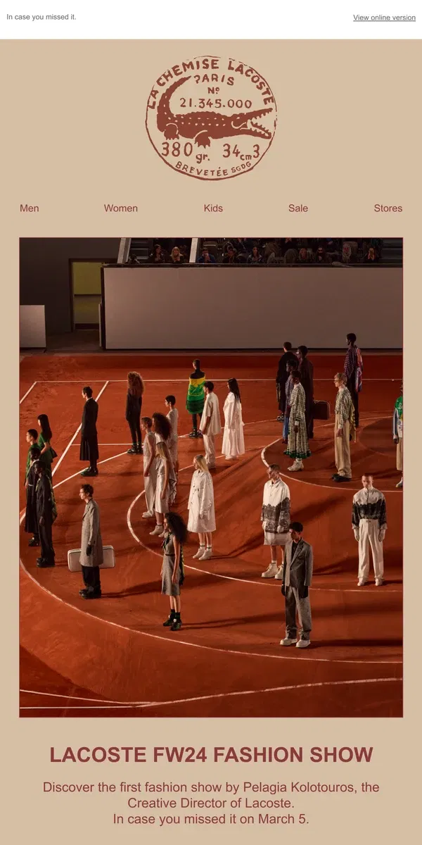 Email from Lacoste. Watch the Fashion Show Replay