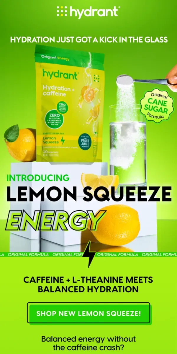 Email from Hydrant. Discover the power of Lemon Squeeze Energy