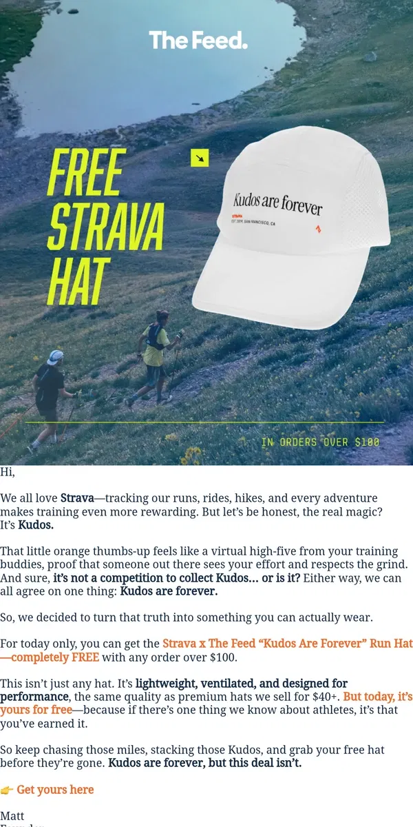 Email from The Feed. A Free Strava Hat for All the Kudos You’ve Earned 🏃‍♂️🚴‍♀️