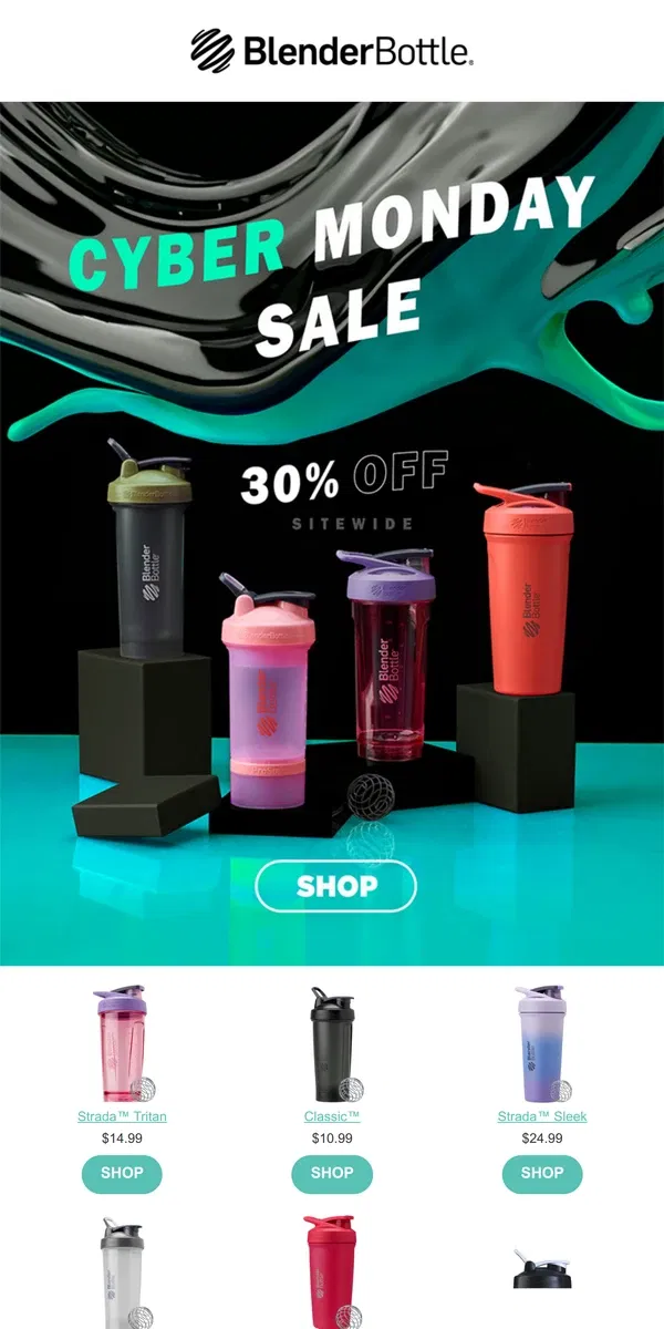 Email from BlenderBottle. 30% OFF CYBER MONDAY: GAME ON