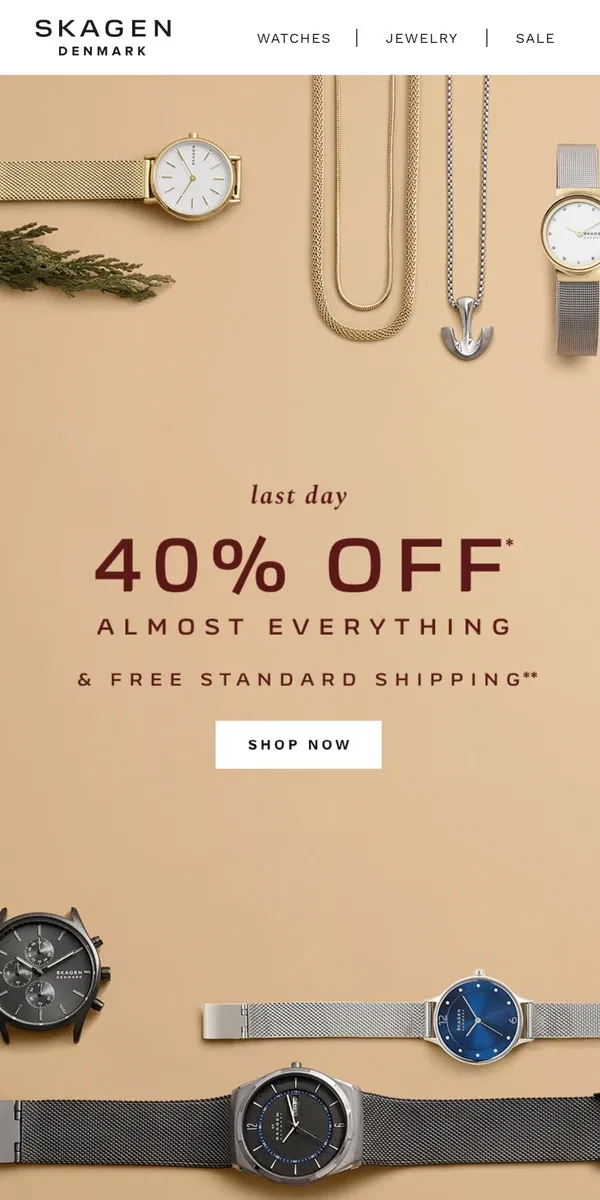 Email from Skagen. 40% off ends tonight