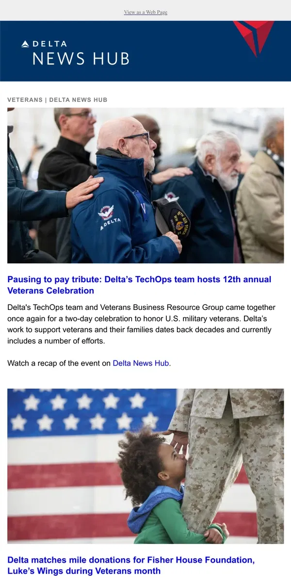 Email from Delta Air Lines. Delta honors veterans with celebration + matching member-donated miles