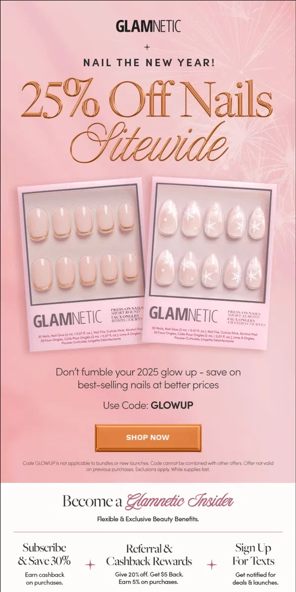 Email from Glamnetic. SALE: 25% off nails for 2025