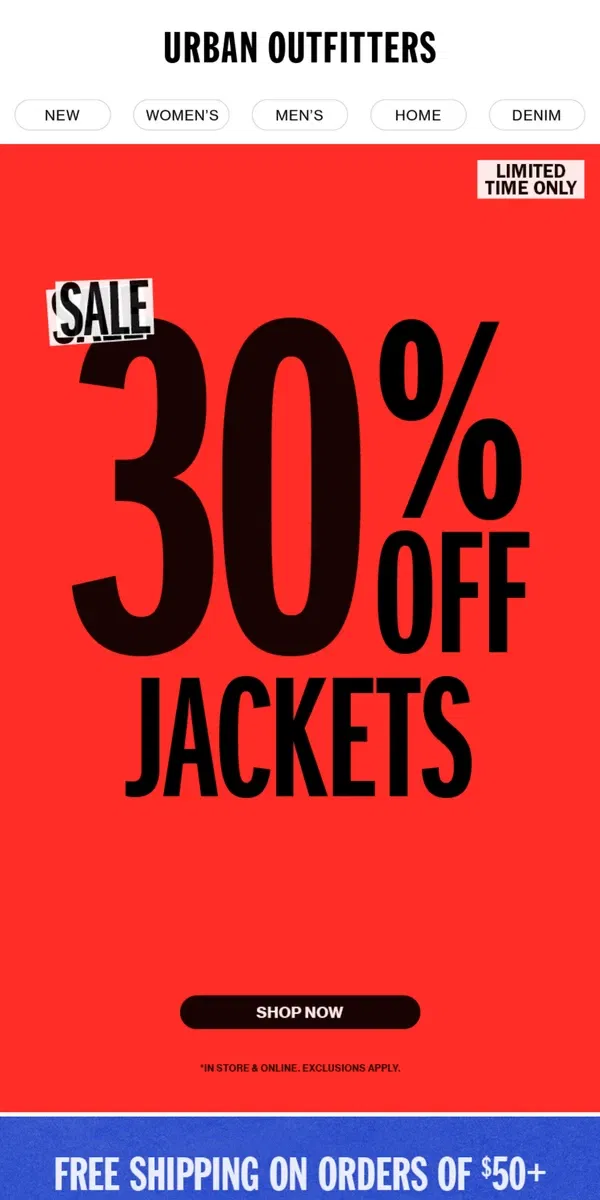 Email from Urban Outfitters. LAST DAY: 30% Off Sweaters, Jackets + More