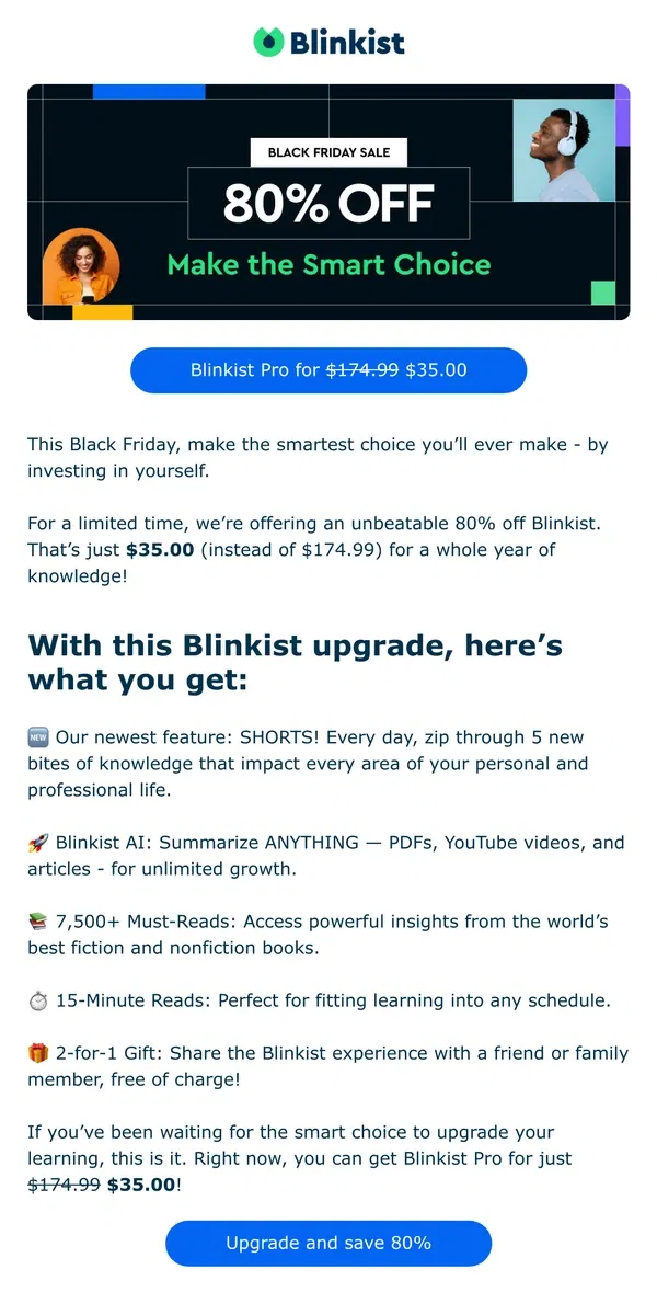 Email from Blinkist. Make the Smart Choice - Grab Blinkist for $35.00 (instead of $174.99) 🎉