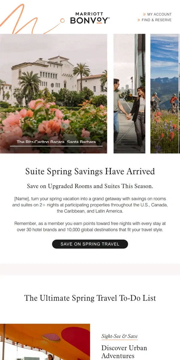 Email from Marriott Bonvoy. [Name], Spring Into Savings on Upgraded Accommodations