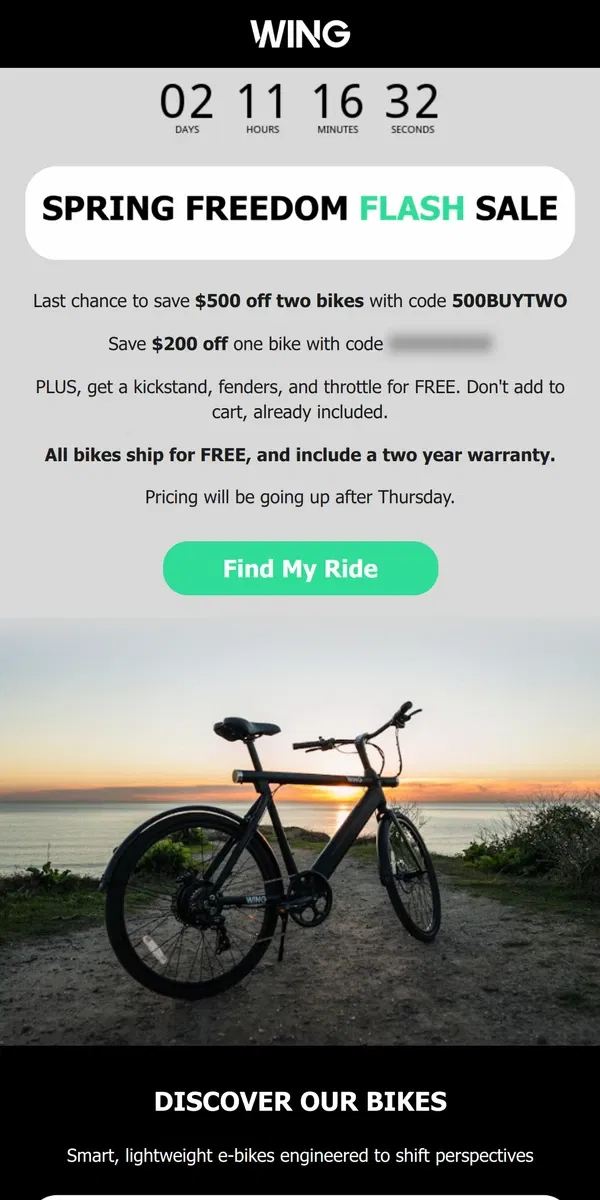 Email from Wing Bikes. Spring Freedom Flash Sale Starts NOW