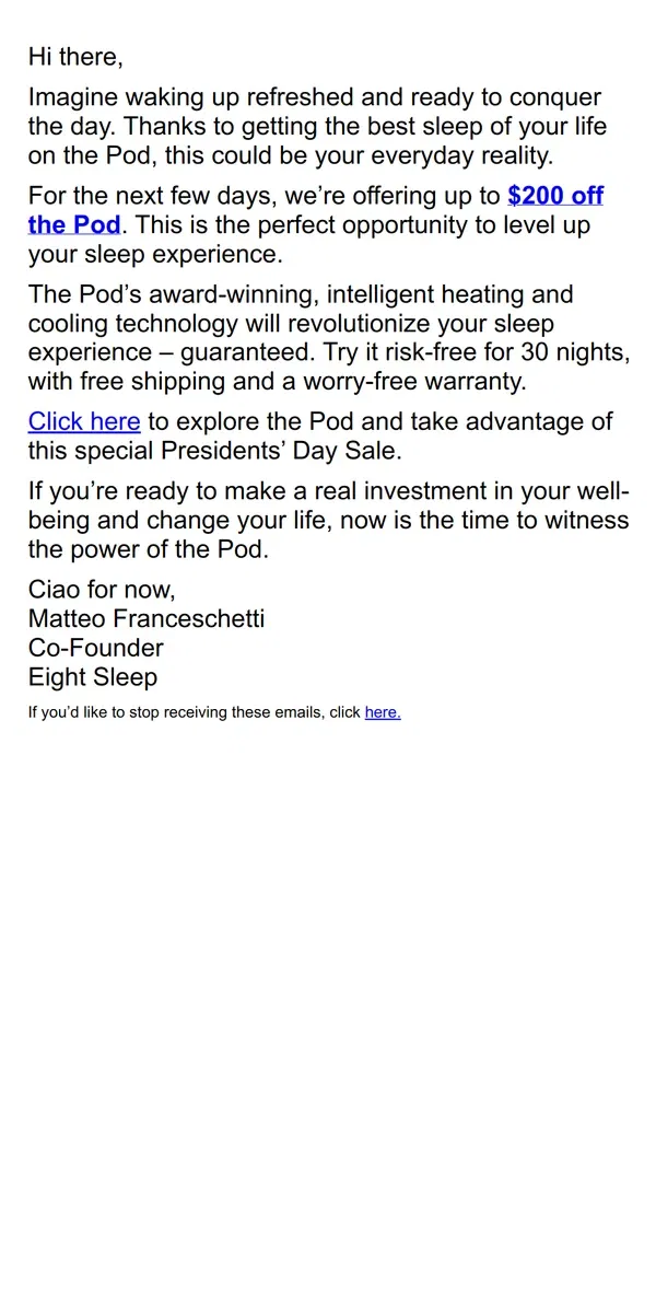 Email from Eight Sleep. My Presidents’ Day gift to you