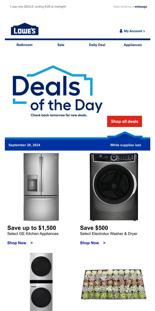 Email from Lowe's. DEALS: Ending tonight at midnight.