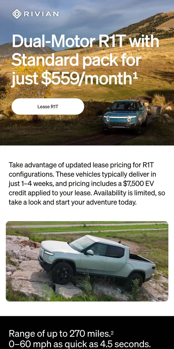 Email from Rivian. Lease R1T starting at $559/month