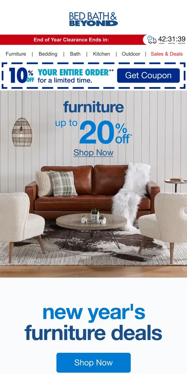 Email from Bed Bath & Beyond. Ring in the New Year With Up To 20% Off Furniture Deals 🎆🛋️🎇