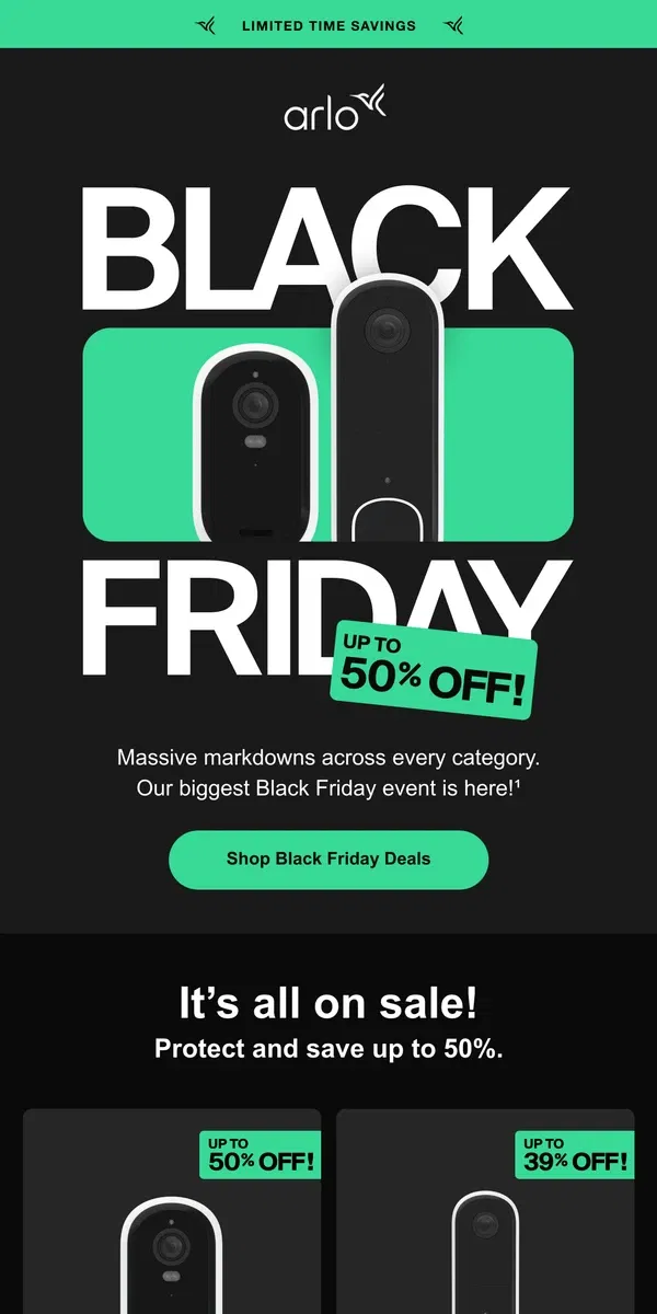 Email from Arlo. Black Friday Blowout: Up to 50% off!