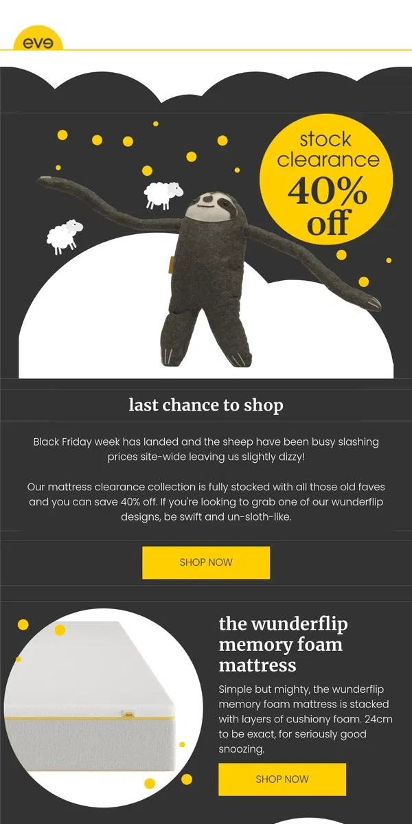 Email from Eve Sleep. black friday week is here! 40% off clearance