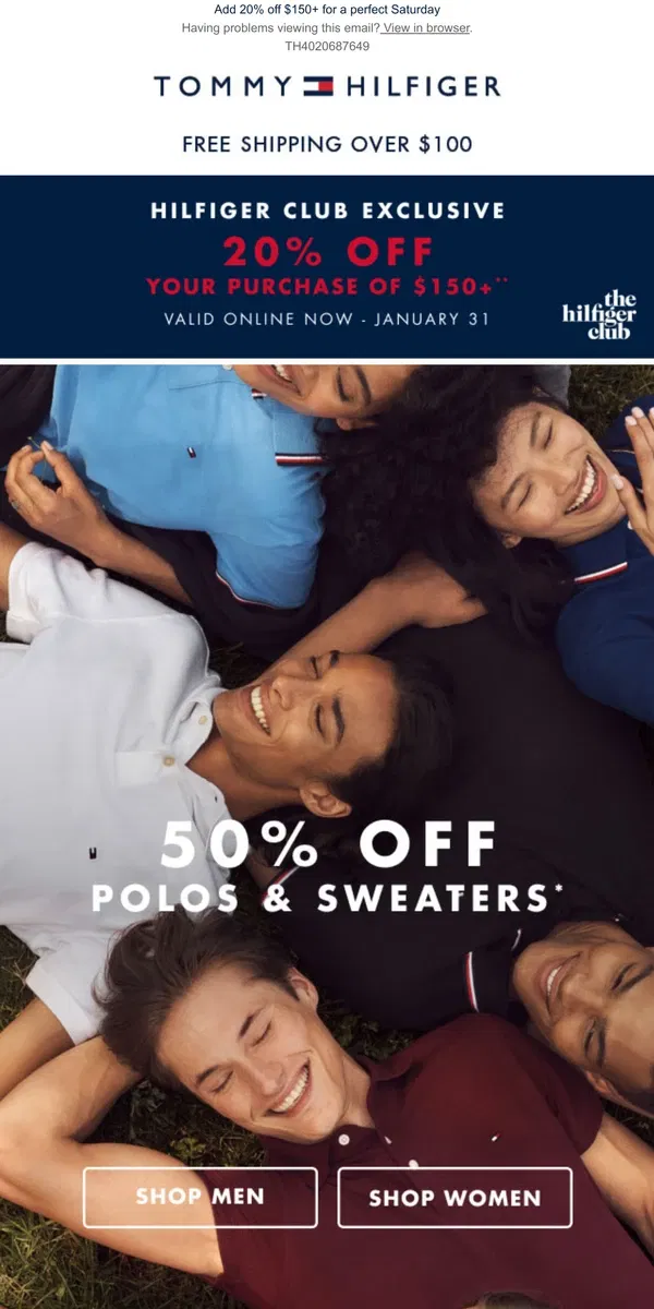 Email from Tommy Hilfiger. Kick back, relax and shop 50% off polos & sweaters