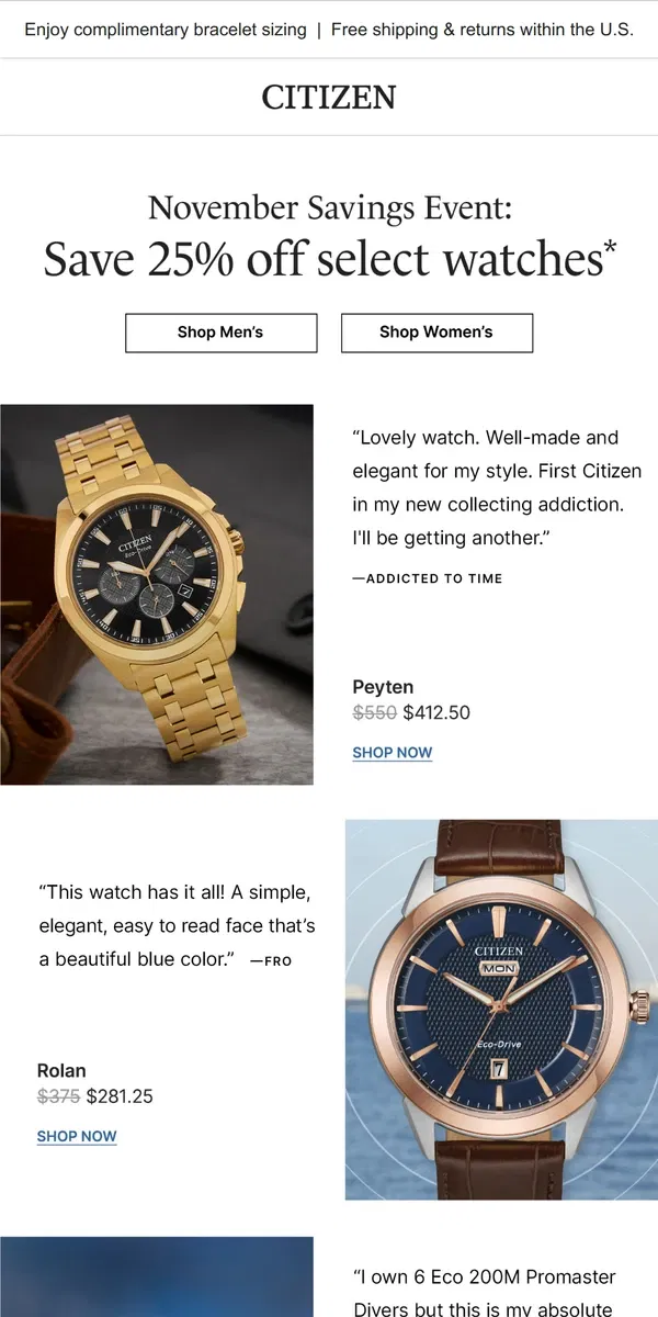 Email from Citizen Watch. You’re Invited: Save 25% Off