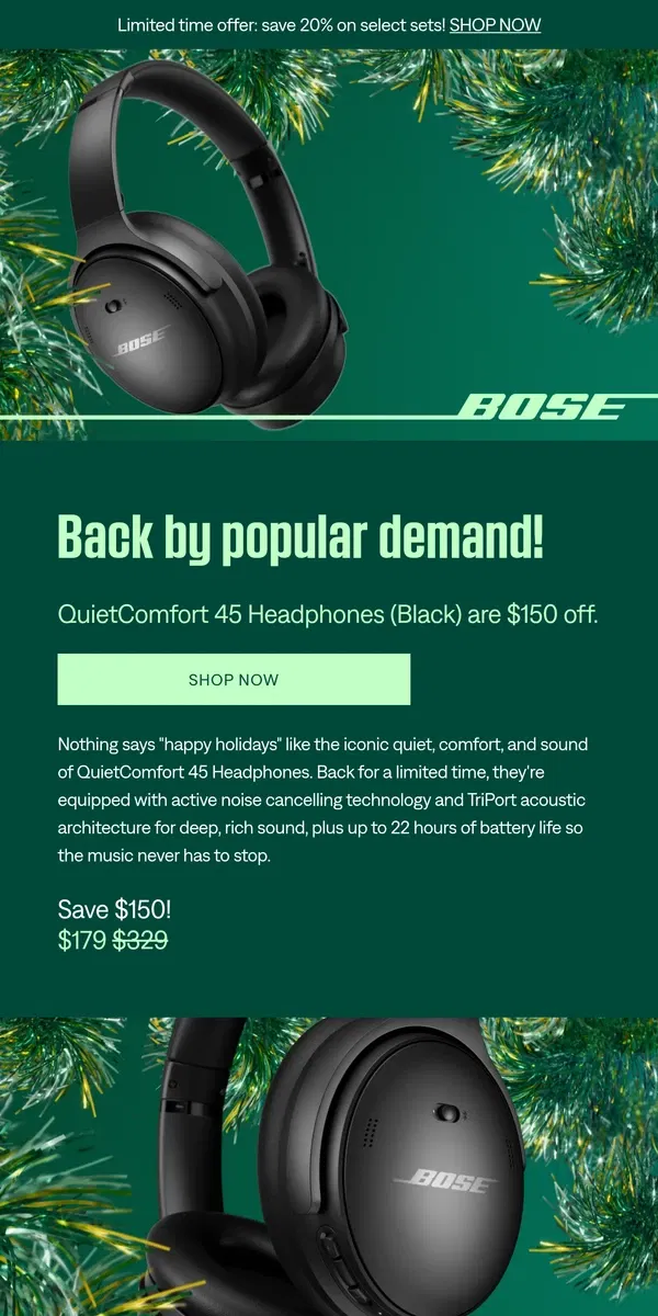 Email from Bose. Save $150 on QuietComfort 45 Headphones!