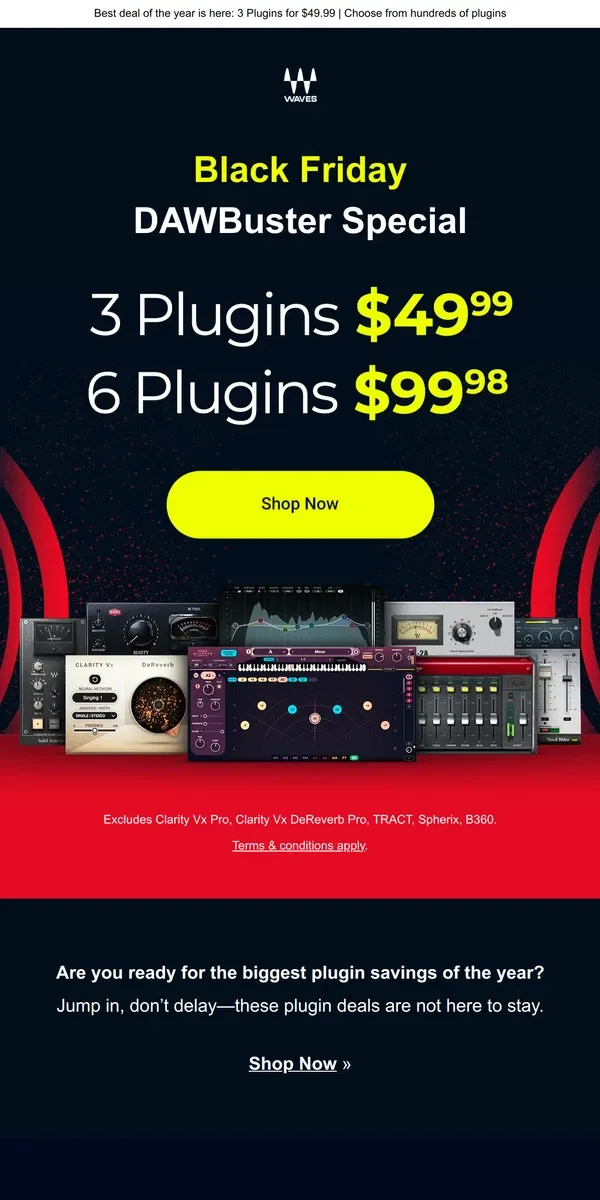 Email from Waves Audio. STARTS NOW 🏃 Black Friday DAWBuster Deals