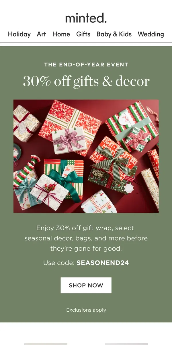 Email from Minted. 30% off holiday essentials 🎁