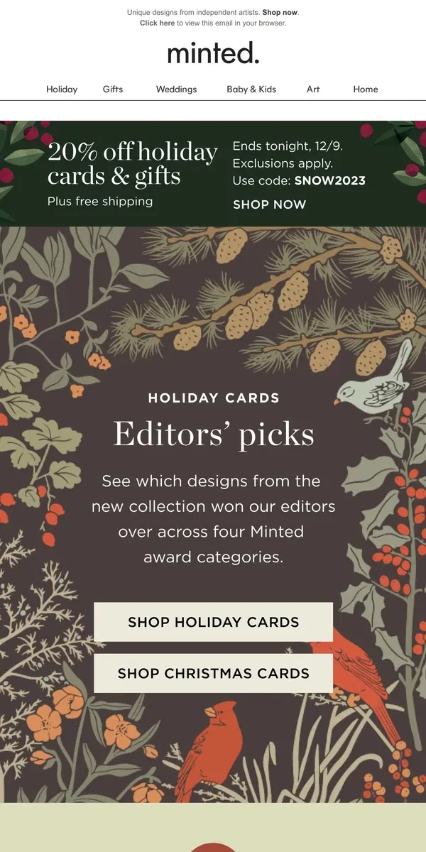 Email from Minted. 20% off editor-approved holiday cards