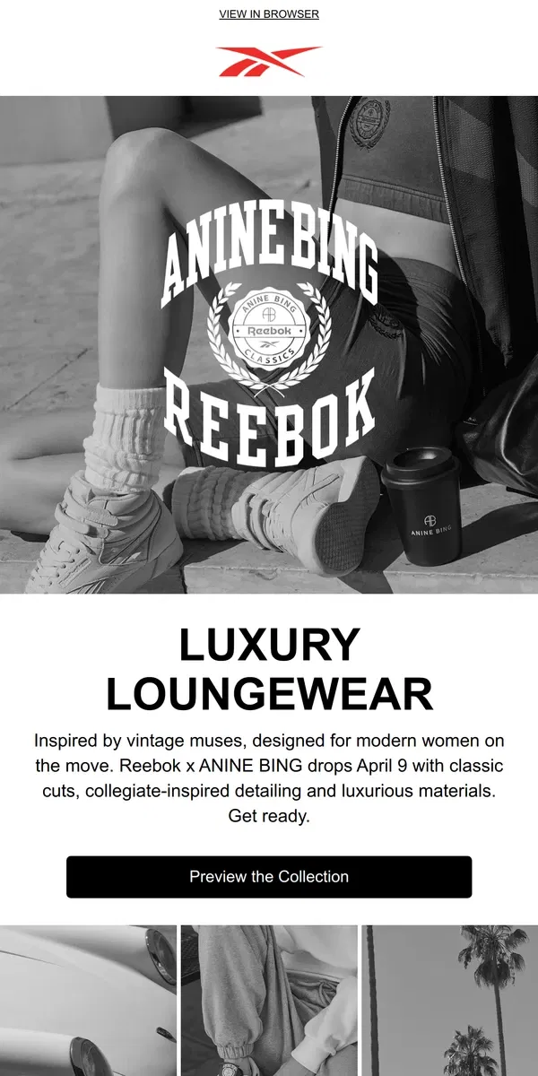 Email from Reebok. Coming soon: Reebok x ANINE BING