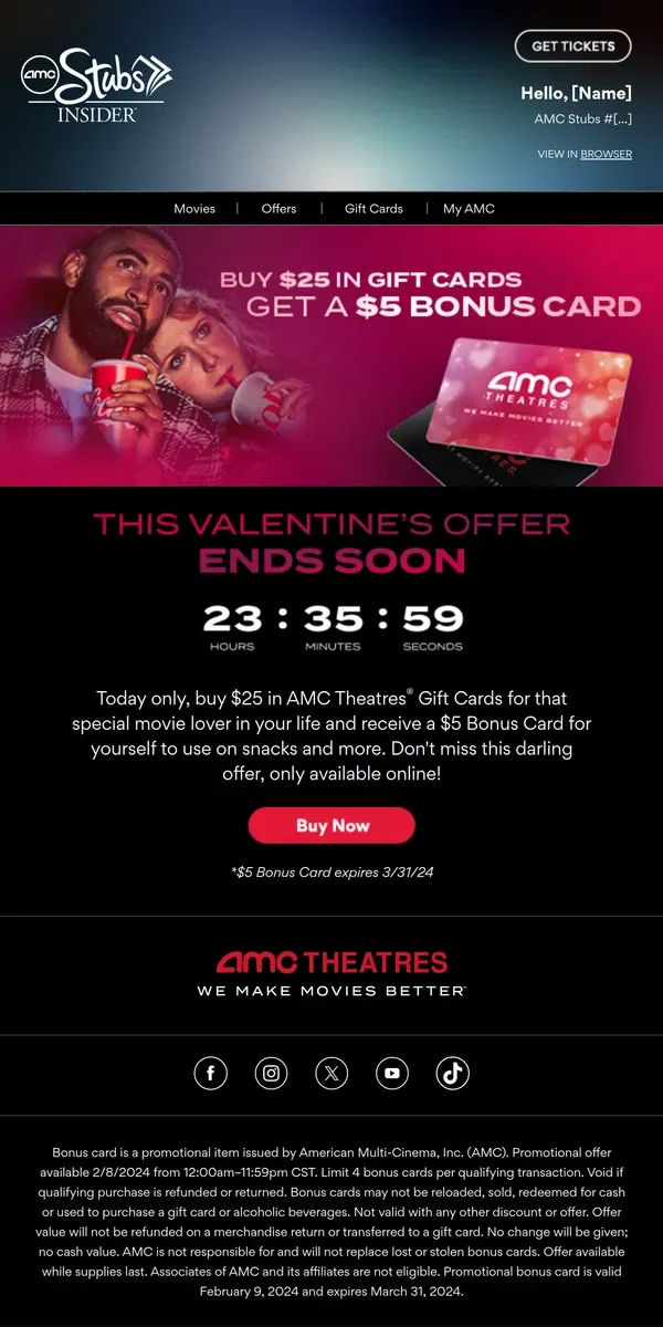 Email from AMC Theatres. Today Only: A $5 Treat You’ll Love