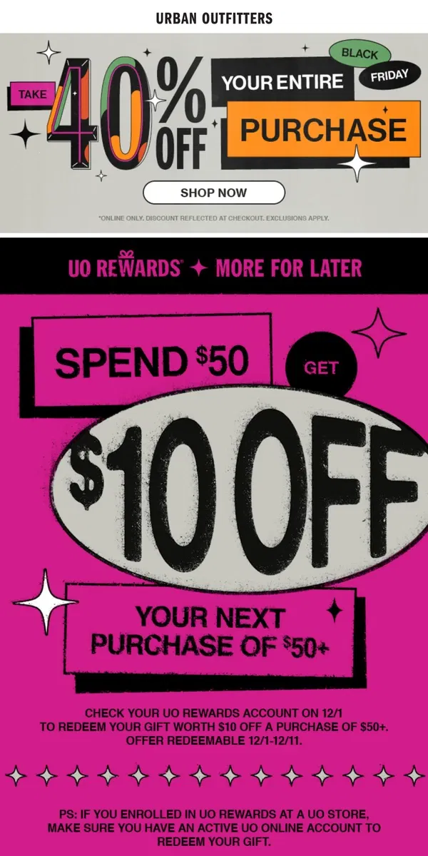 Email from Urban Outfitters. $10 OFF for UO Rewards members 🤑