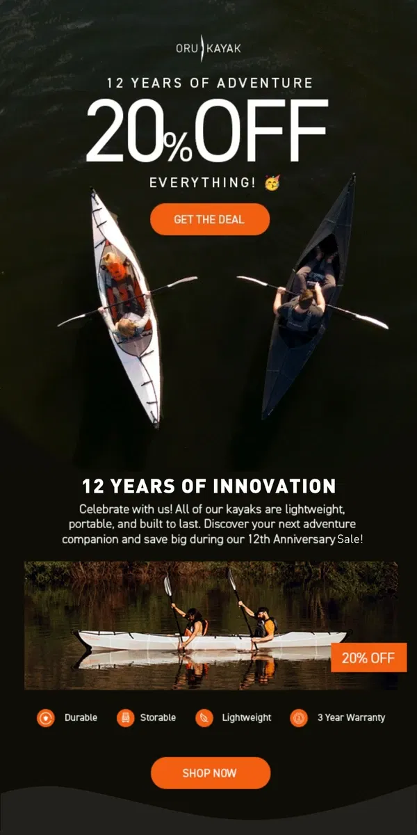 Email from Oru Kayak. 20% OFF | Foldable Fun, Endless Exploration 🚣🏾‍♀️