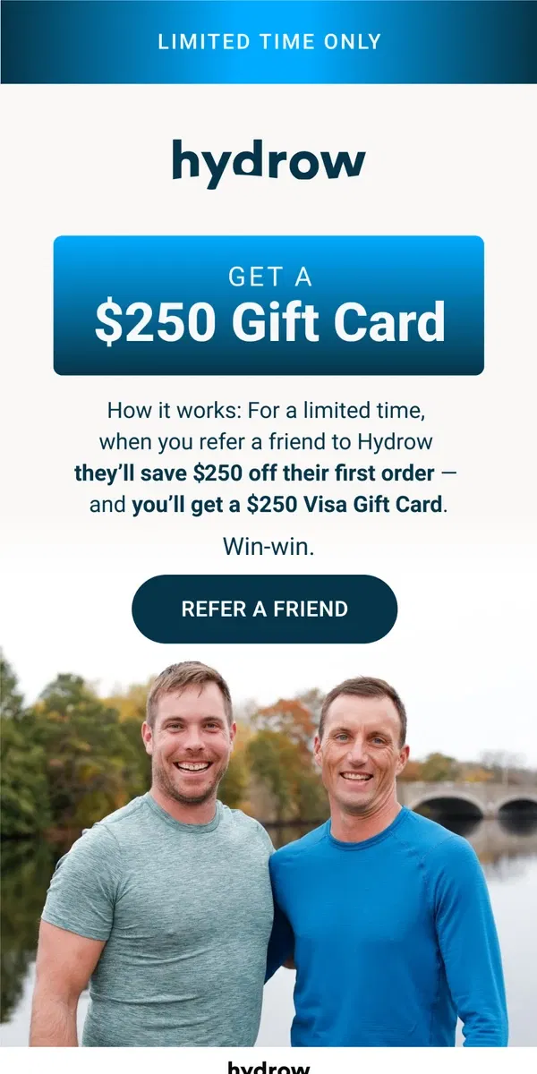 Email from Hydrow. Limited Time Offer: Give $250, get $250