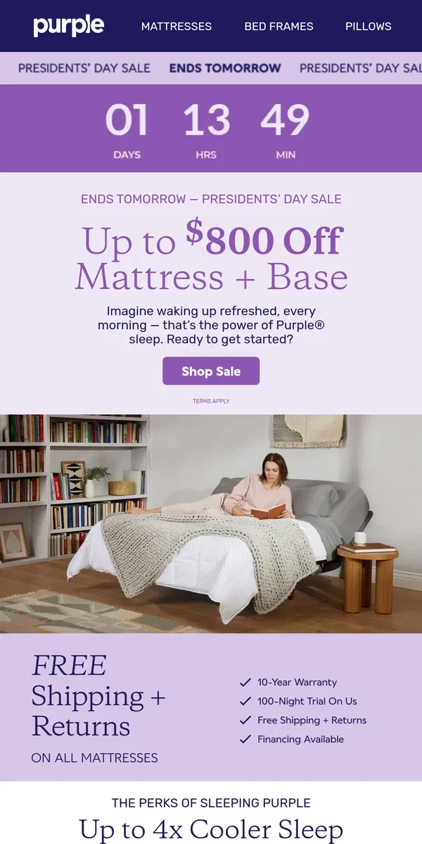 Email from Purple. Ends TOMORROW: Up to $800 Off