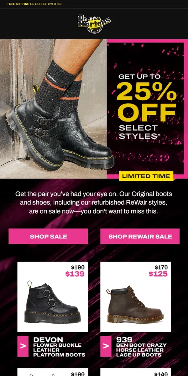 Email from Dr. Martens. Get 25% off your favorite fall styles, including ReWair